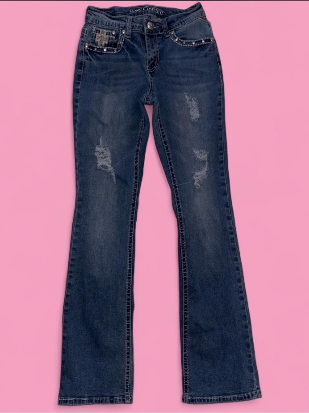 Y2K Dark Wash Distressed Women’s Bootcut Jeans - Dark Blue